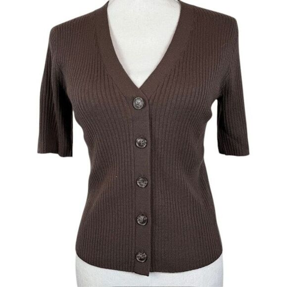 AYR Merino The West End Wool Blend Brown Button Frt Top Short Sleeve Size Medium - Picture 1 of 8